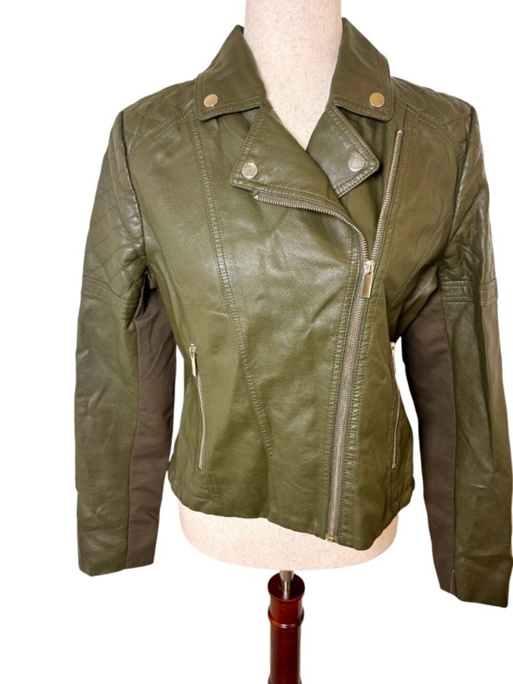 New York & Company Olive Green Faux Leather Moto Jacket Small NWT